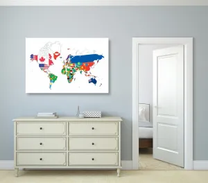 Obraz mapa sveta s vlajkami s bielym pozadím