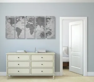 5-dielny obraz stará mapa sveta s kompasom v čiernobielom prevedení