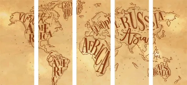 5-dielny obraz moderná mapa sveta na vintage podklade