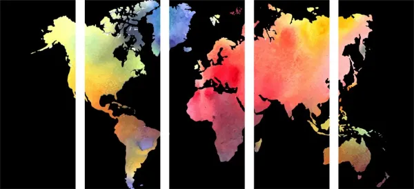 5-dielny obraz mapa sveta v akvarelovom prevedení na čiernom pozadí