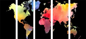 5-dielny obraz mapa sveta v akvarelovom prevedení na čiernom pozadí