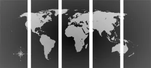 5-dielny obraz mapa sveta v odtieňoch sivej