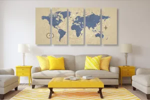 5-dielny obraz mapa sveta s kompasom v retro štýle