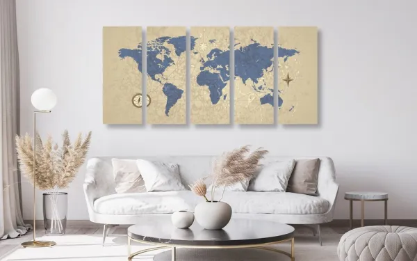 5-dielny obraz mapa sveta s kompasom v retro štýle