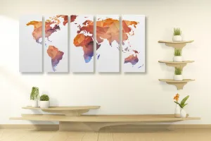 5-dielny obraz polygonálna mapa sveta v odtieňoch oranžovej