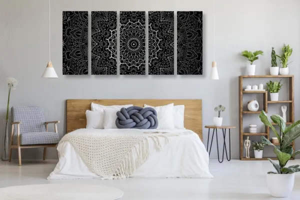 5-dielny obraz vintage Mandala v indickom štýle v čiernobielom prevedení