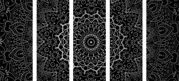 5-dielny obraz vintage Mandala v indickom štýle v čiernobielom prevedení