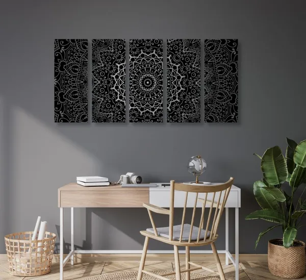 5-dielny obraz vintage Mandala v indickom štýle v čiernobielom prevedení