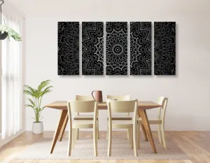 5-dielny obraz vintage Mandala v indickom štýle v čiernobielom prevedení
