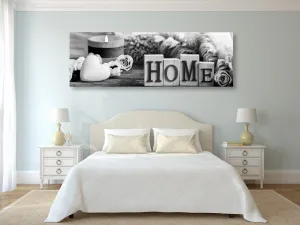 Obraz zátišie s nápisom Home v čiernobielom prevedení