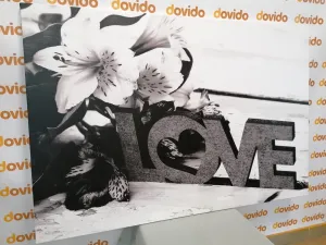 Obraz s dreveným nápisom Love v čiernobielom prevedení