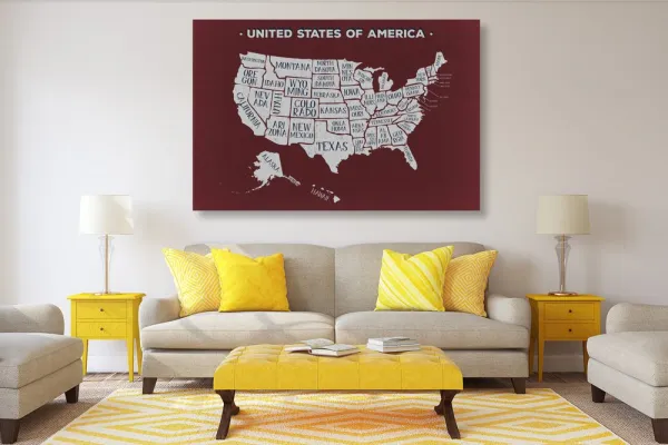 Obraz náučná mapa USA s bordovým pozadím