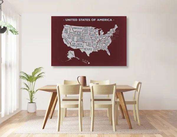 Obraz náučná mapa USA s bordovým pozadím