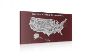 Obraz náučná mapa USA s bordovým pozadím