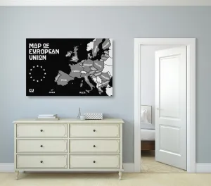Obraz náučná mapa s názvami krajín európskej únie v čiernobielom prevedení