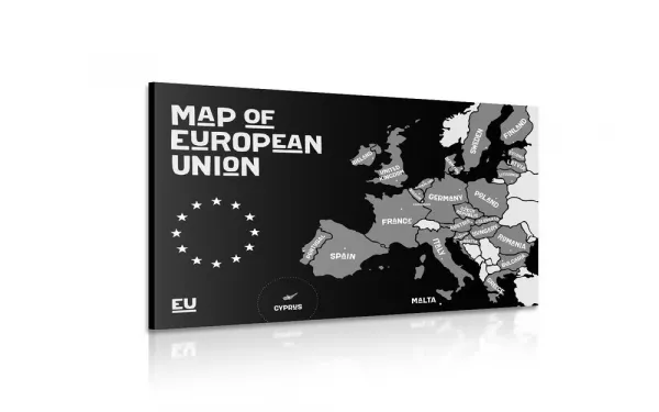 Obraz náučná mapa s názvami krajín európskej únie v čiernobielom prevedení