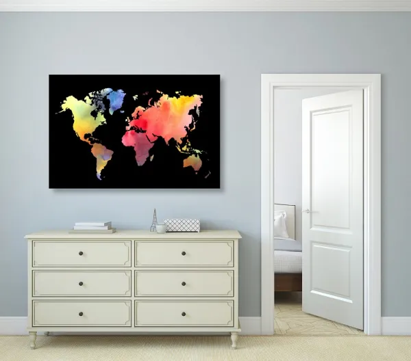 Obraz mapa sveta v akvarelovom prevedení na čiernom pozadí