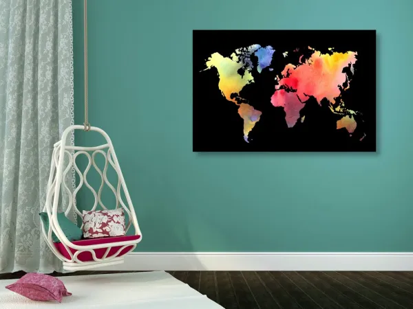 Obraz mapa sveta v akvarelovom prevedení na čiernom pozadí