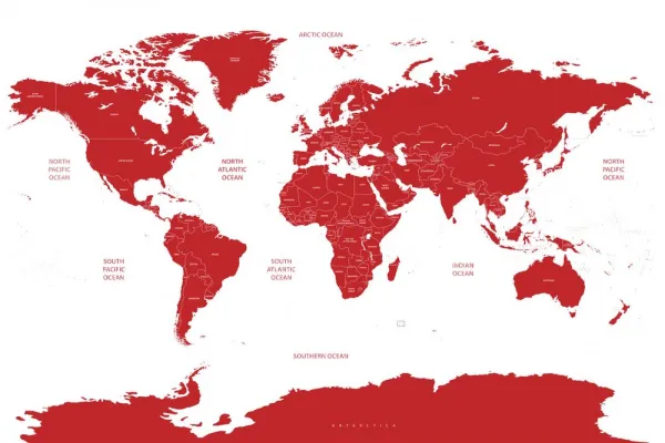 Obraz mapa sveta s jednotlivými štátmi v červenej farbe