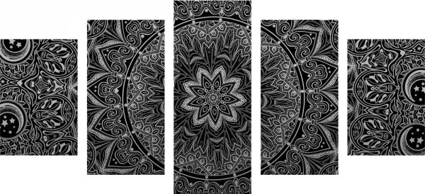 5-dielny obraz orientálna Mandala v čiernobielom prevedení