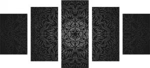 5-dielny obraz ornamentálna Mandala v čiernobielom prevedení