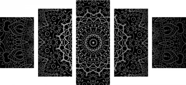 5-dielny obraz vintage Mandala v indickom štýle v čiernobielom prevedení