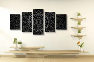 5-dielny obraz vintage Mandala v indickom štýle v čiernobielom prevedení