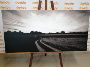Obraz zapadajúce slnko nad krajinou v čiernobielom prevedení