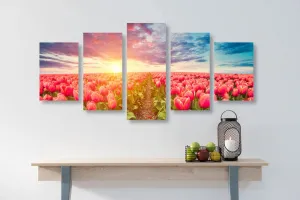 5-dielny obraz východ slnka nad lúkou s tulipánmi