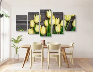 5-dielny obraz očarujúce žlté tulipány na drevenom podklade
