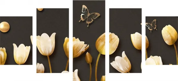 5-dielny obraz tulipány so zlatým motívom