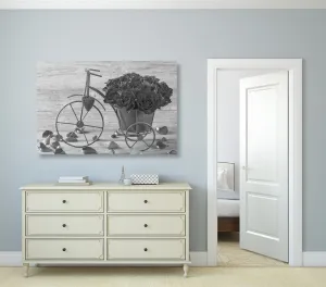 Obraz bicykel plný ruží v čiernobielom prevedení