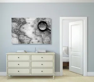 Obraz čiernobiela mapa sveta s lupou