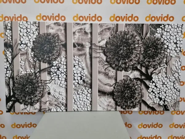 Obraz abstraktné kvety na mramorovom pozadí v čiernobielom prevedení
