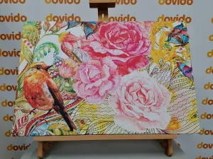 Obraz vintage vtáčik s kvetmi