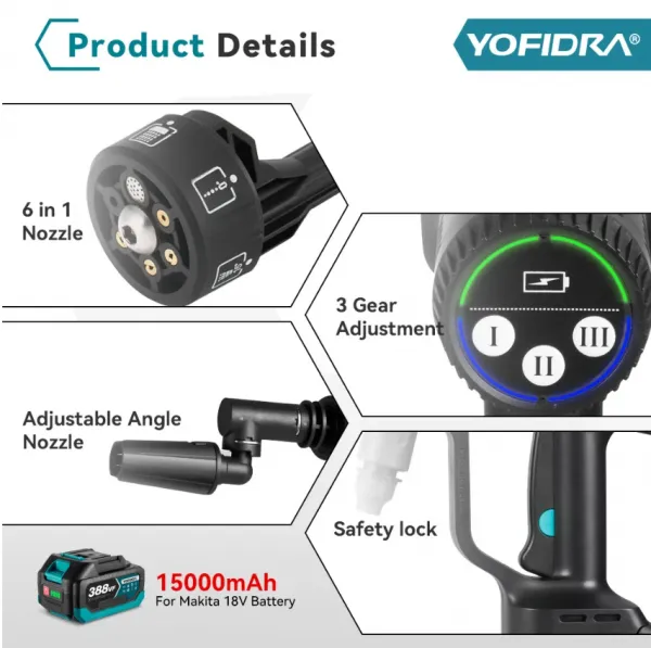 OneVan / Yofidra AKU Elektrický vysokotlakový čistič vapka YOFIDRA tlaková umývačka 200 bar 3500W bezuhlíková elektrická umývačka 6v1 s otočnou sprchou pre batériu MAKITA 18V. Motorček od KAWASAKI Batéria: 2ks batéria