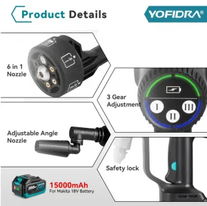 OneVan / Yofidra AKU Elektrický vysokotlakový čistič vapka YOFIDRA tlaková umývačka 200 bar 3500W bezuhlíková elektrická umývačka 6v1 s otočnou sprchou pre batériu MAKITA 18V. Motorček od KAWASAKI Batéria: 2ks batéria