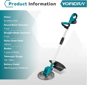 OneVan / Yofidra 4000W Bezuhlíková akumulátorová výsuvná skladacia kosačka na vysokú trávu elektrická kosa vhodná pre batériu Makita 18V Batéria: 2ks batéria