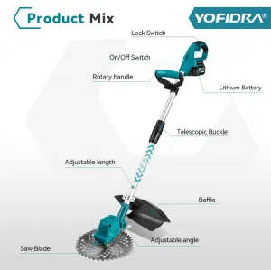 OneVan / Yofidra 4000W Bezuhlíková akumulátorová výsuvná skladacia kosačka na vysokú trávu elektrická kosa vhodná pre batériu Makita 18V Batéria: 2ks batéria