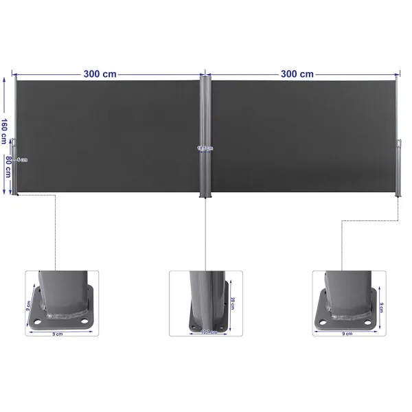 SONGMICS Obojstranná bočná markíza 160x600 cm dymovo sivá