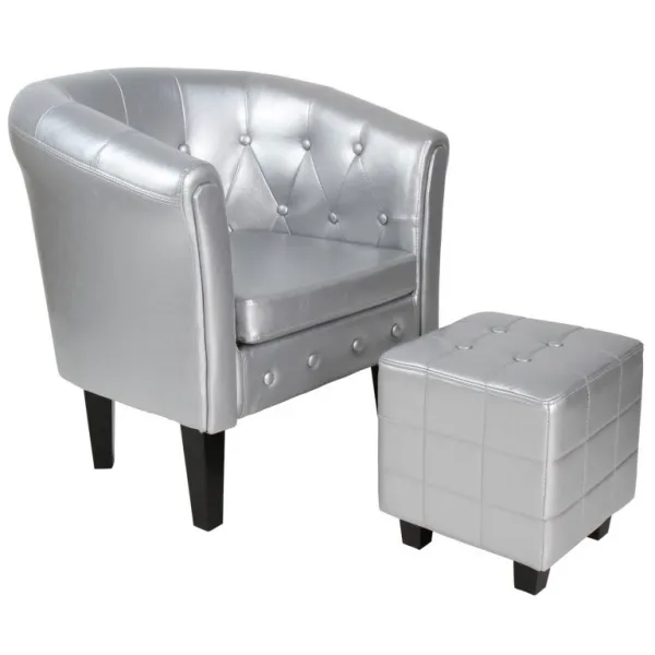 Klubové kreslo s taburetom Chesterfield, strieborné