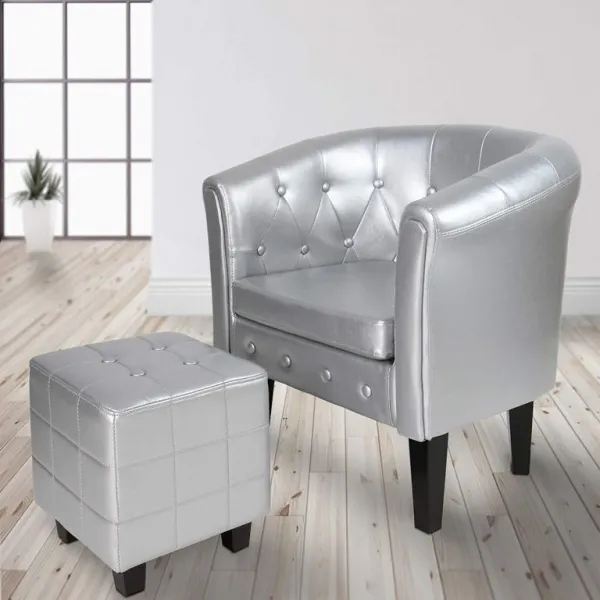 Klubové kreslo s taburetom Chesterfield, strieborné