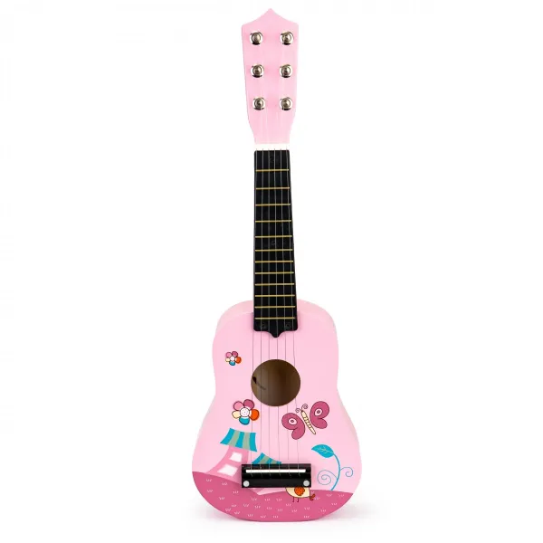 Detská drevená gitara, kovové struny, ružová
