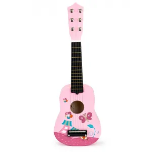 Detská drevená gitara, kovové struny, ružová