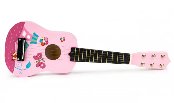 Detská drevená gitara, kovové struny, ružová