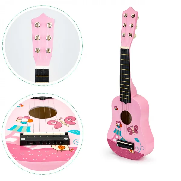 Detská drevená gitara, kovové struny, ružová
