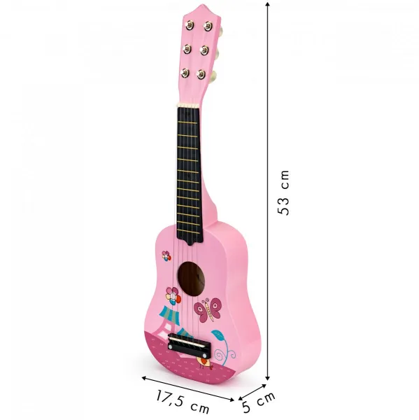 Detská drevená gitara, kovové struny, ružová
