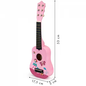 Detská drevená gitara, kovové struny, ružová