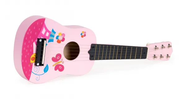 Detská drevená gitara, kovové struny, ružová