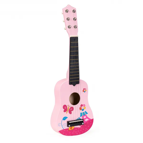 Detská drevená gitara, kovové struny, ružová